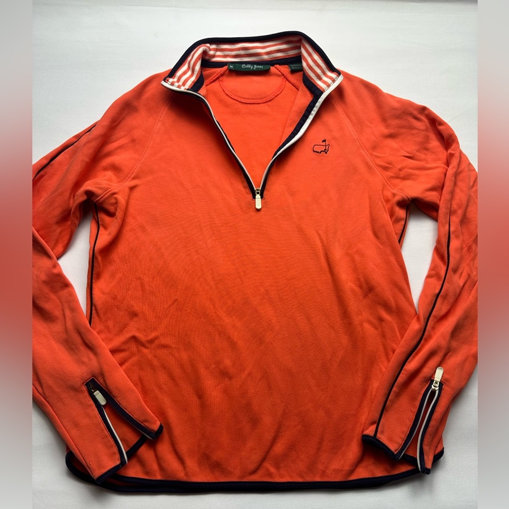 Bobby Jones golf 1/4 zip orange sweatshirt striped detail collar. Size M